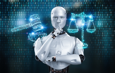 A humanoid robot poses thoughtfully before glowing legal symbols